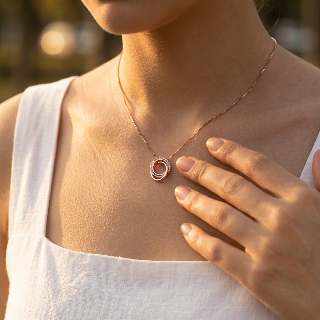 A sharp architectural rose gold geometric pendant necklace elegantly suspended from a sleek, fluid box chain.