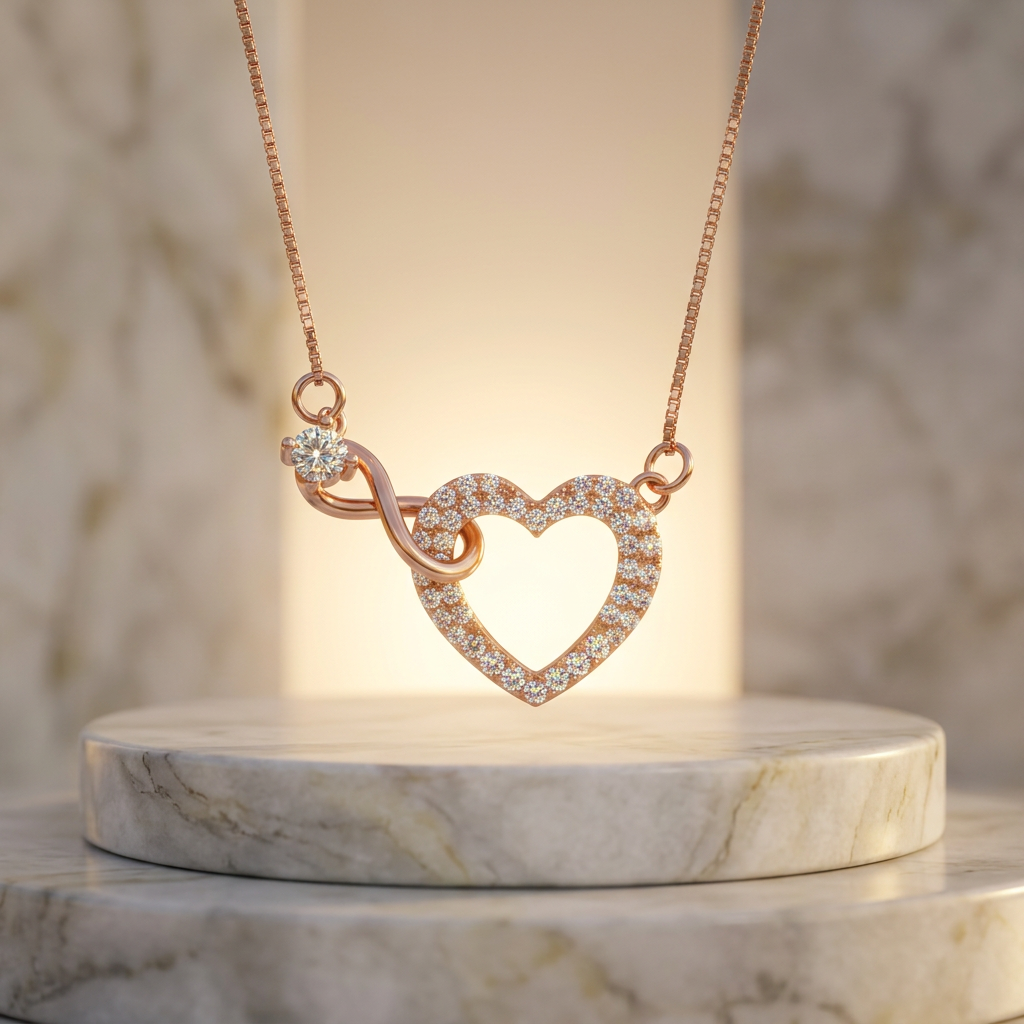 Sculptural rose gold heart interlocked with a fluid infinity motif, detailed with fine pavé accents on a thin chain.