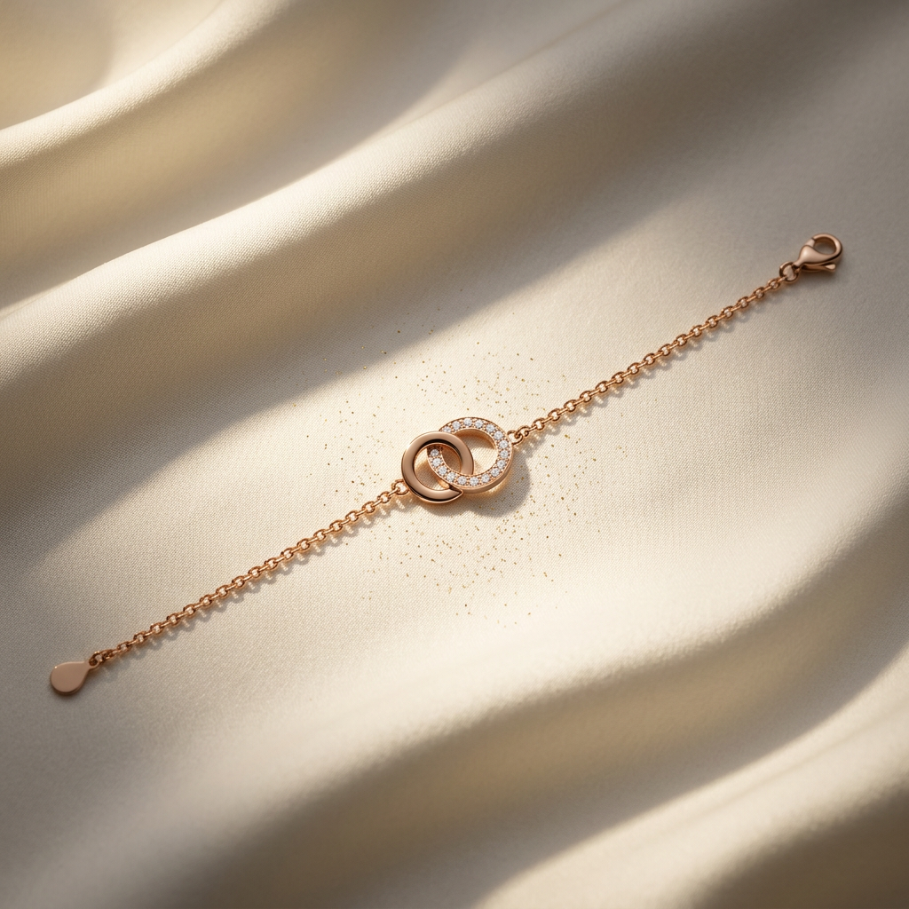 A delicate rose gold interlocking circle bracelet featuring white pavé stones on a fine cable chain.