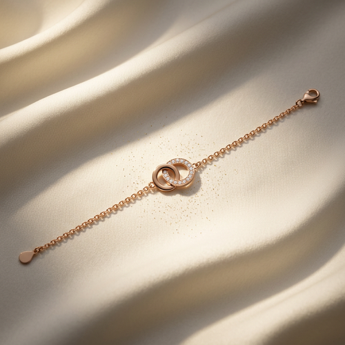 A delicate rose gold interlocking circle bracelet featuring white pavé stones on a fine cable chain.