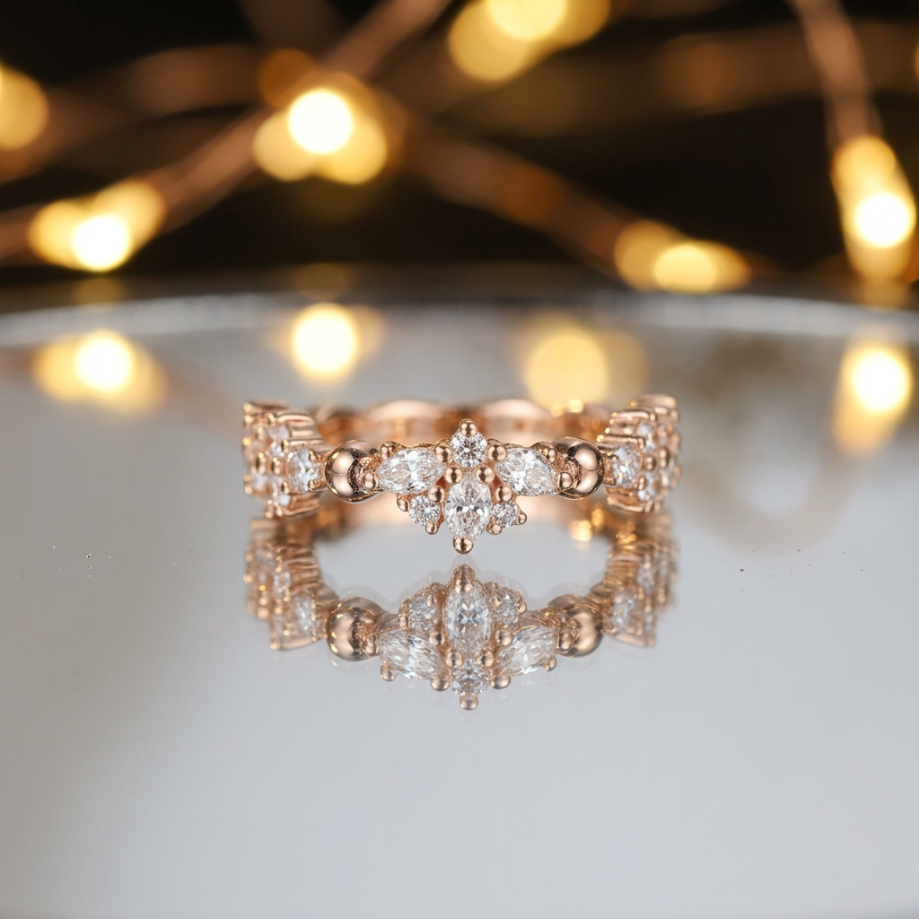 A rose gold rhythmic cluster ring showcasing a fluid pattern of marquise and round cut diamonds.