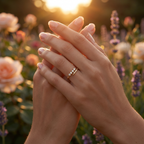 An architectural pink gold open ring with graduated diamonds layered beautifully within a modern minimalist stack.