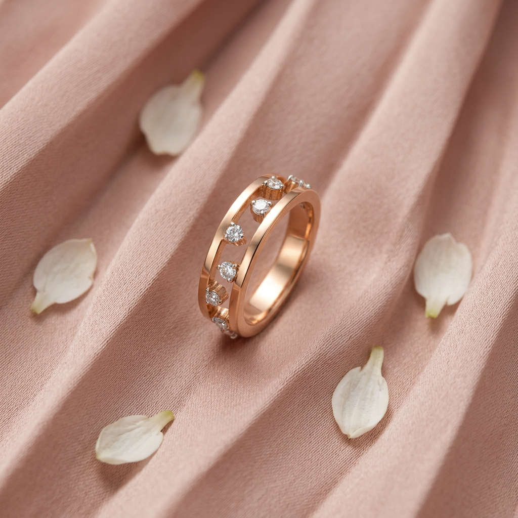 Minimalist rose gold ring featuring parallel rails suspending clear faceted stones in a geometric frame.
