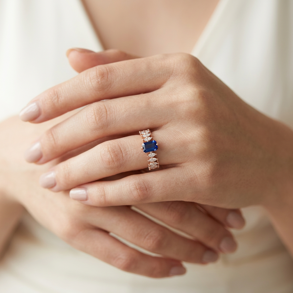 A model wears a rose gold statement ring featuring a striking indigo emerald cut gem with a winged silhouette.