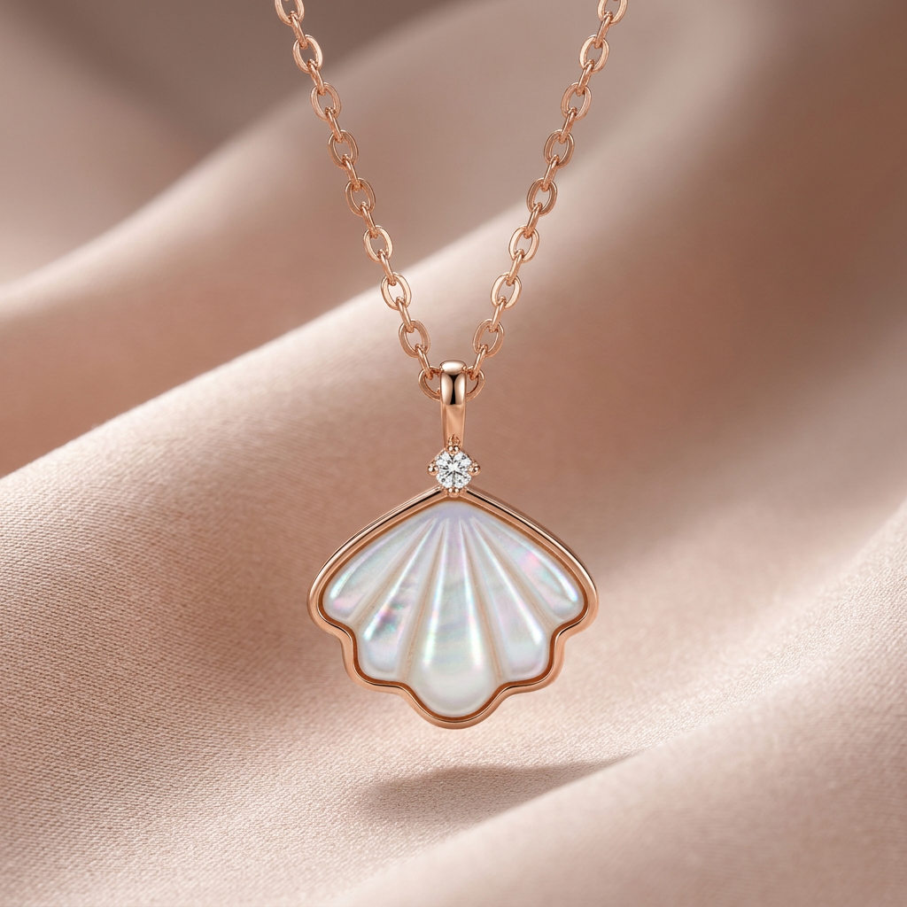 A lustrous mother of pearl shell necklace from an elegant polished rose gold chain.