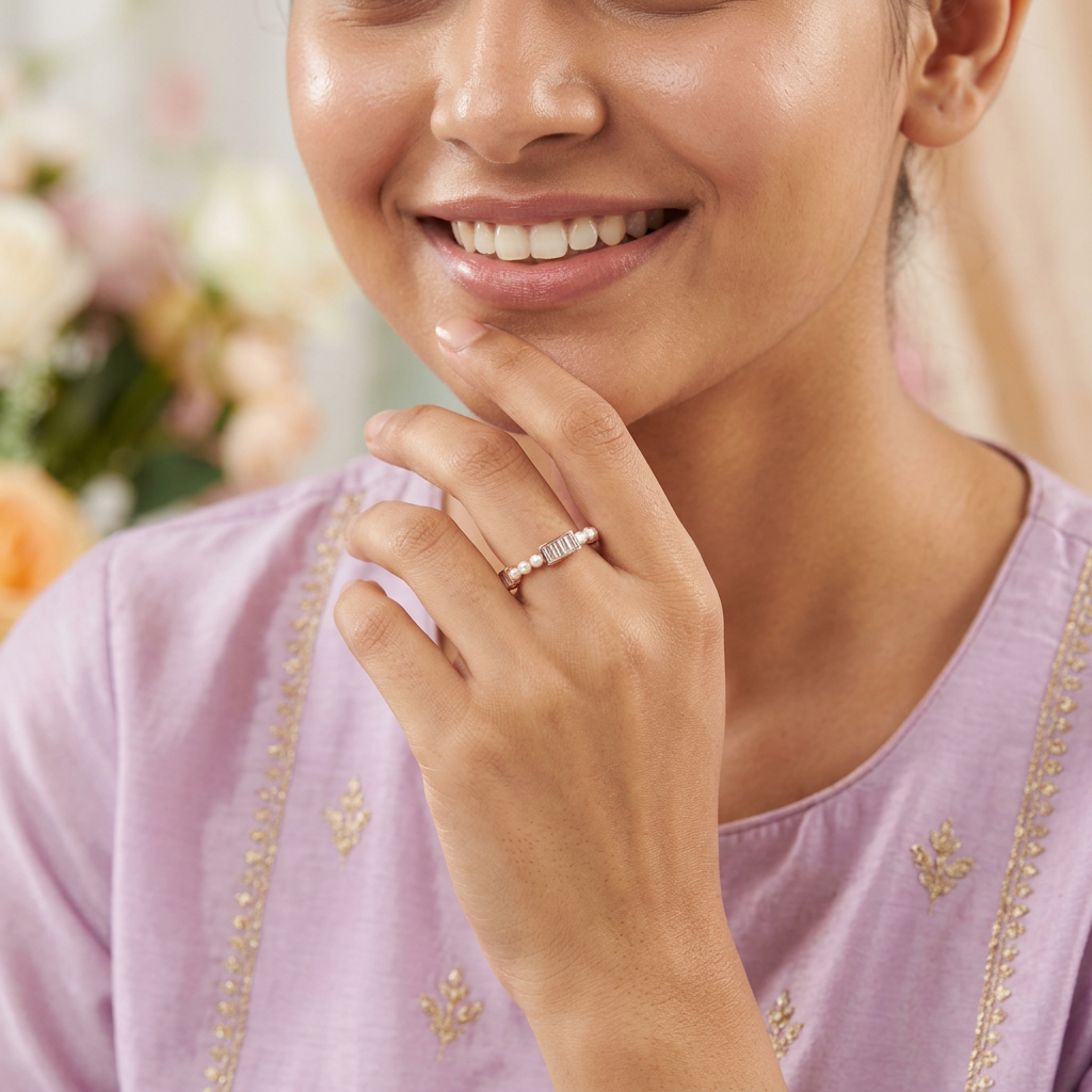 A sophisticated fine jewelry stack anchoring an alternating baguette diamond and pearl eternity band.