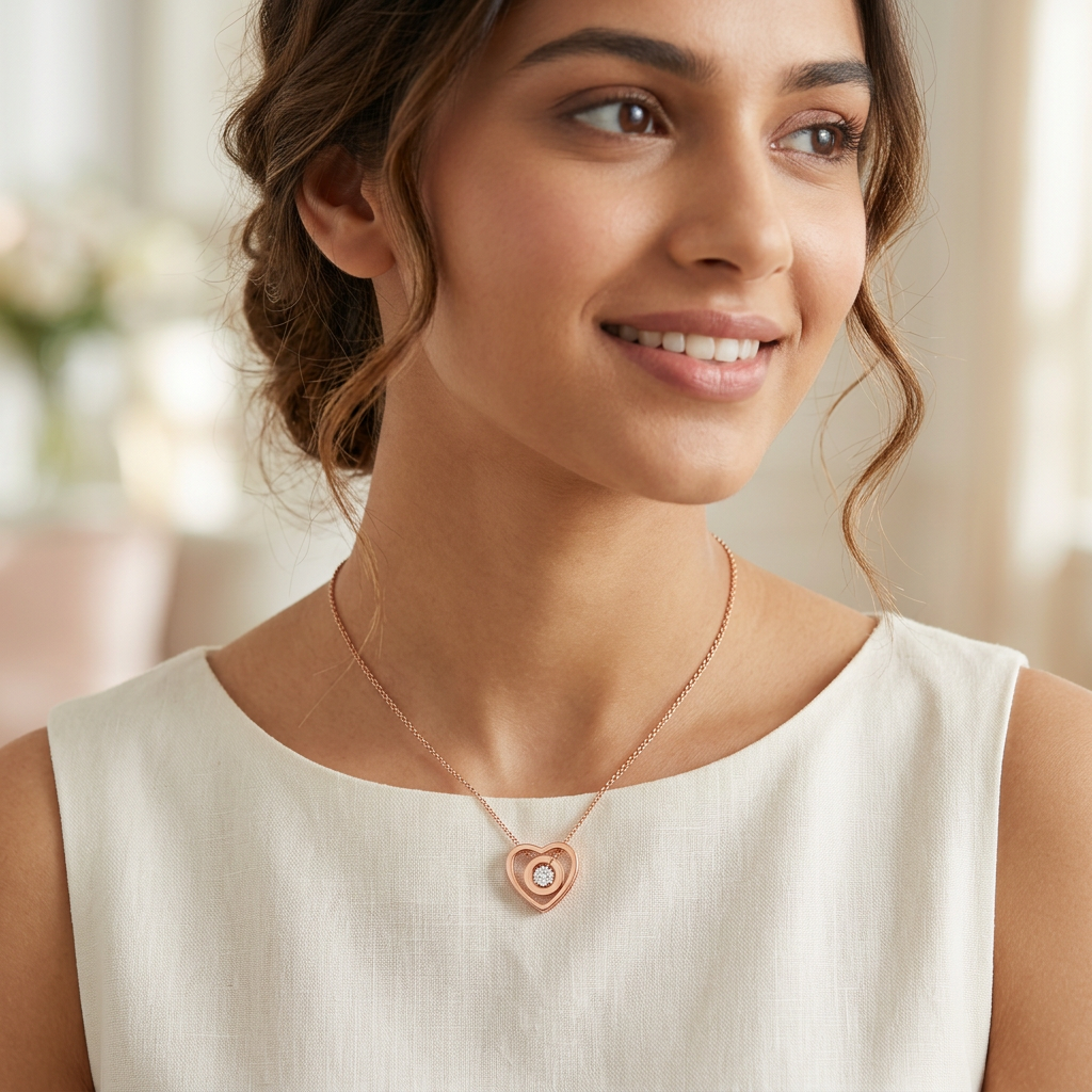 A brilliant round pendant stone suspended inside a geometric, high-polish rose gold silhouette frame.
