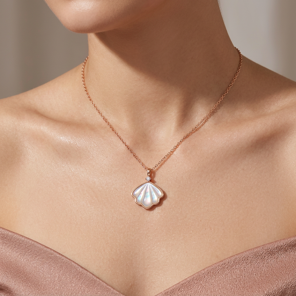 Close-up of a sculpted mother of pearl shell pendant featuring a brilliant diamond accent stone.