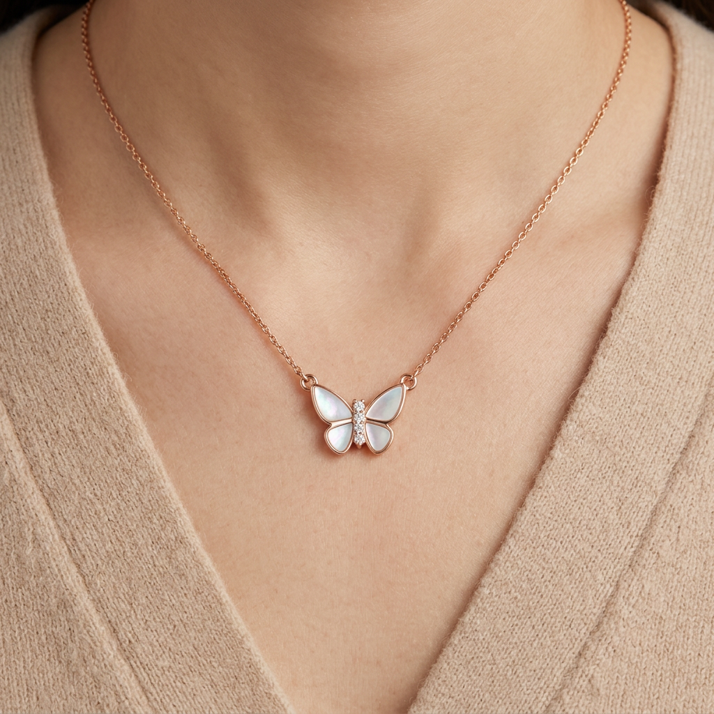 An architectural rose gold butterfly pendant cradling luminous pearls, designed as a modern luxury statement.