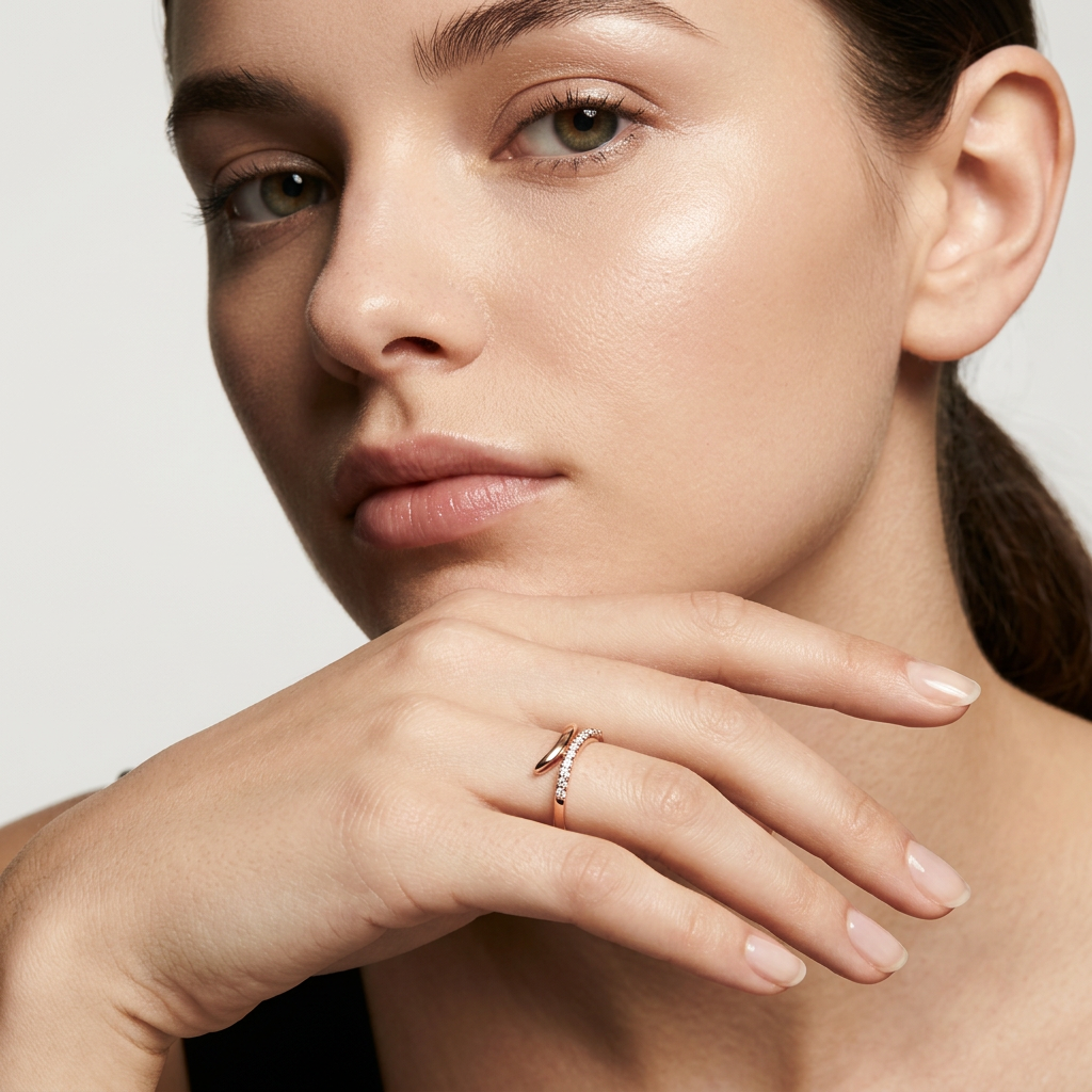 Sculptural open ring in high polish rose gold with a delicate path of fine pavé stones.