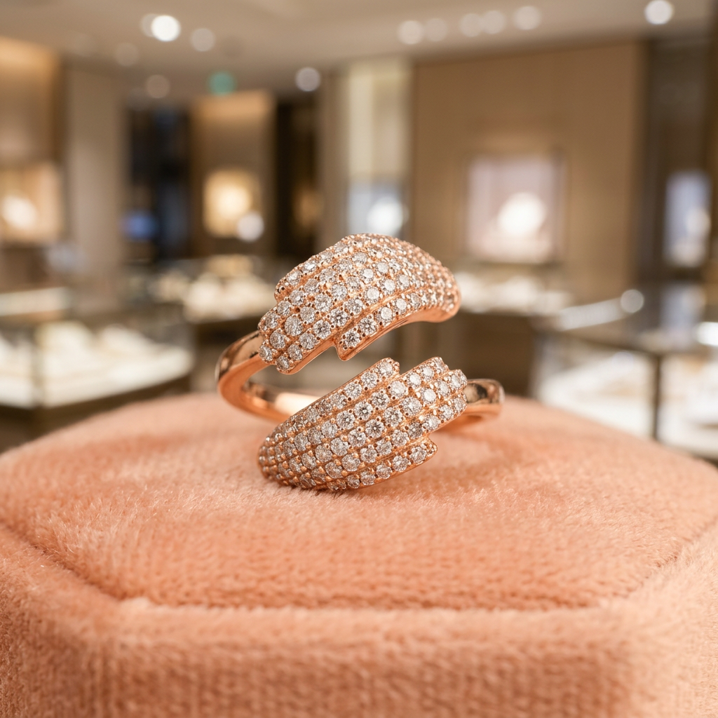 A rose gold bypass ring featuring two open pavé hand motifs cradling the finger in a luminous embrace.