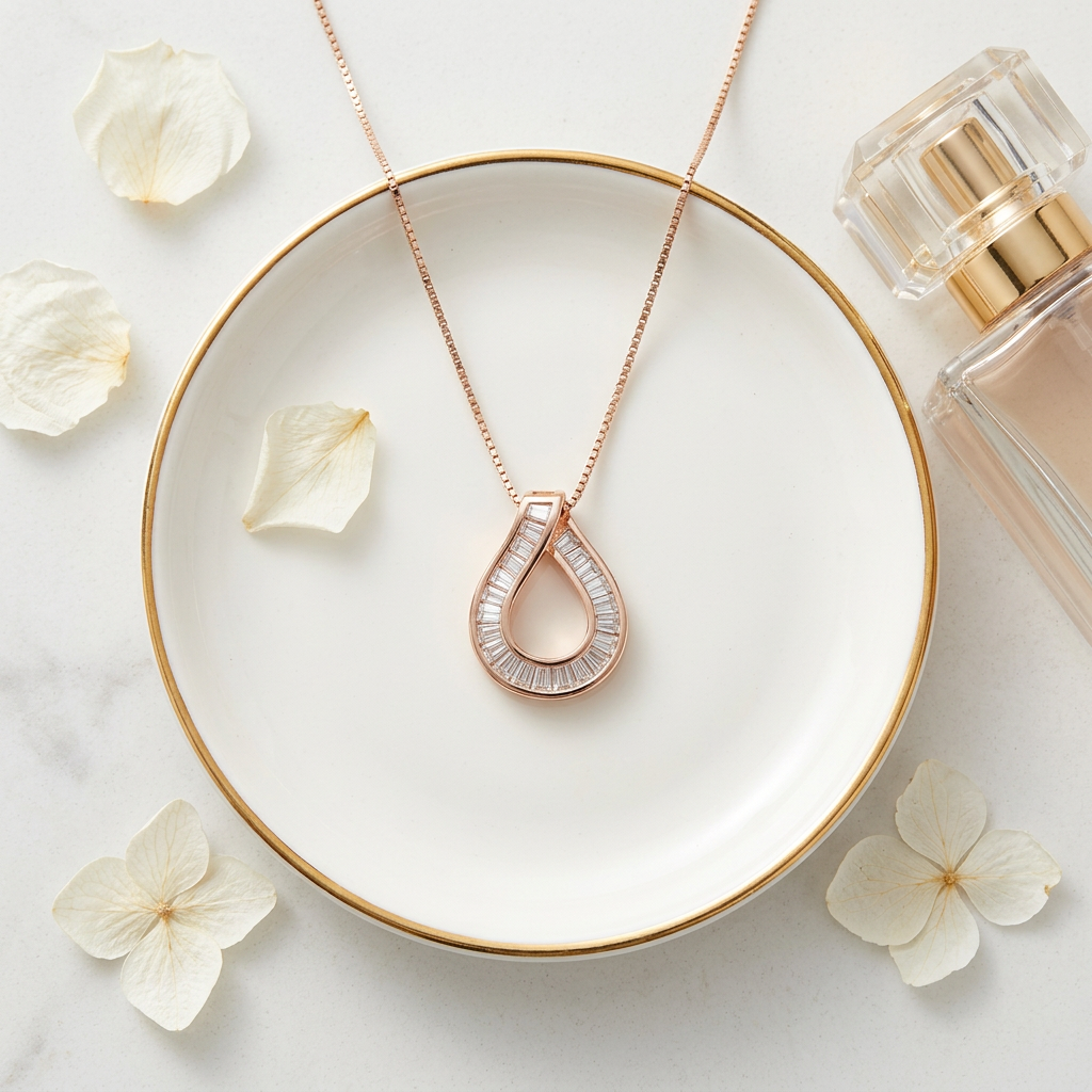 A minimalist rose gold teardrop necklace featuring sharp baguette diamonds arranged along a fluid loop pendant.