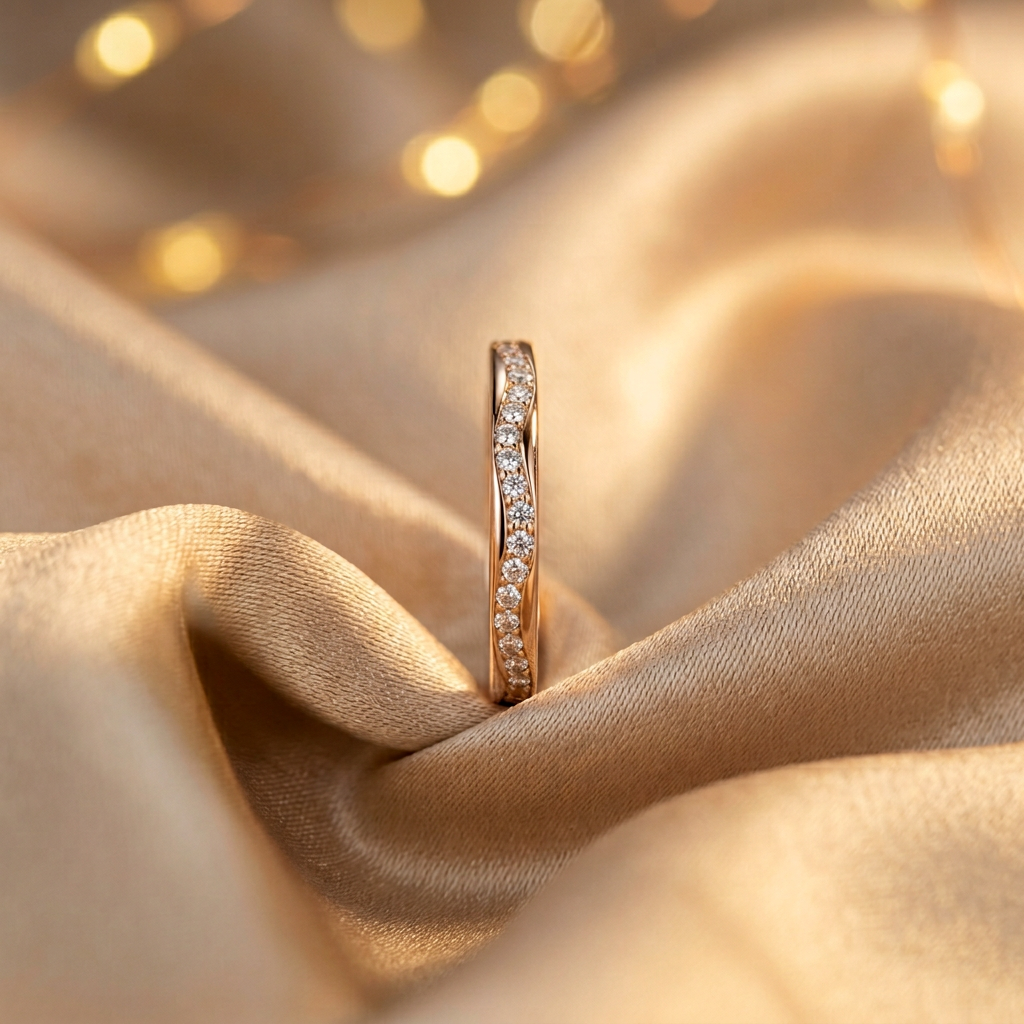 Macro photo capturing the seamless curves and highly reflective mirror finish of a gold wave band ring.