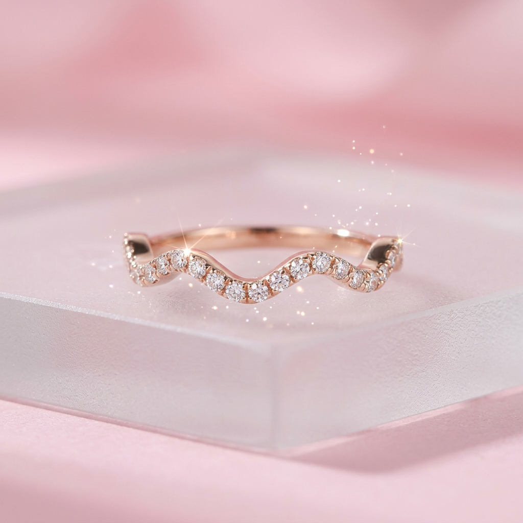 An undulating rose gold wave ring featuring a fluid organic silhouette traced with delicate pavé-set diamonds.