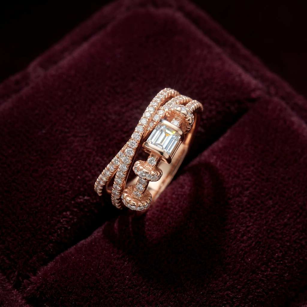 A clean studio shot showcasing a multi-layered ring design with a sculptural silhouette of fluid sweeping lines set with radiant pavé lab grown diamonds cradling a flawless central step cut stone.