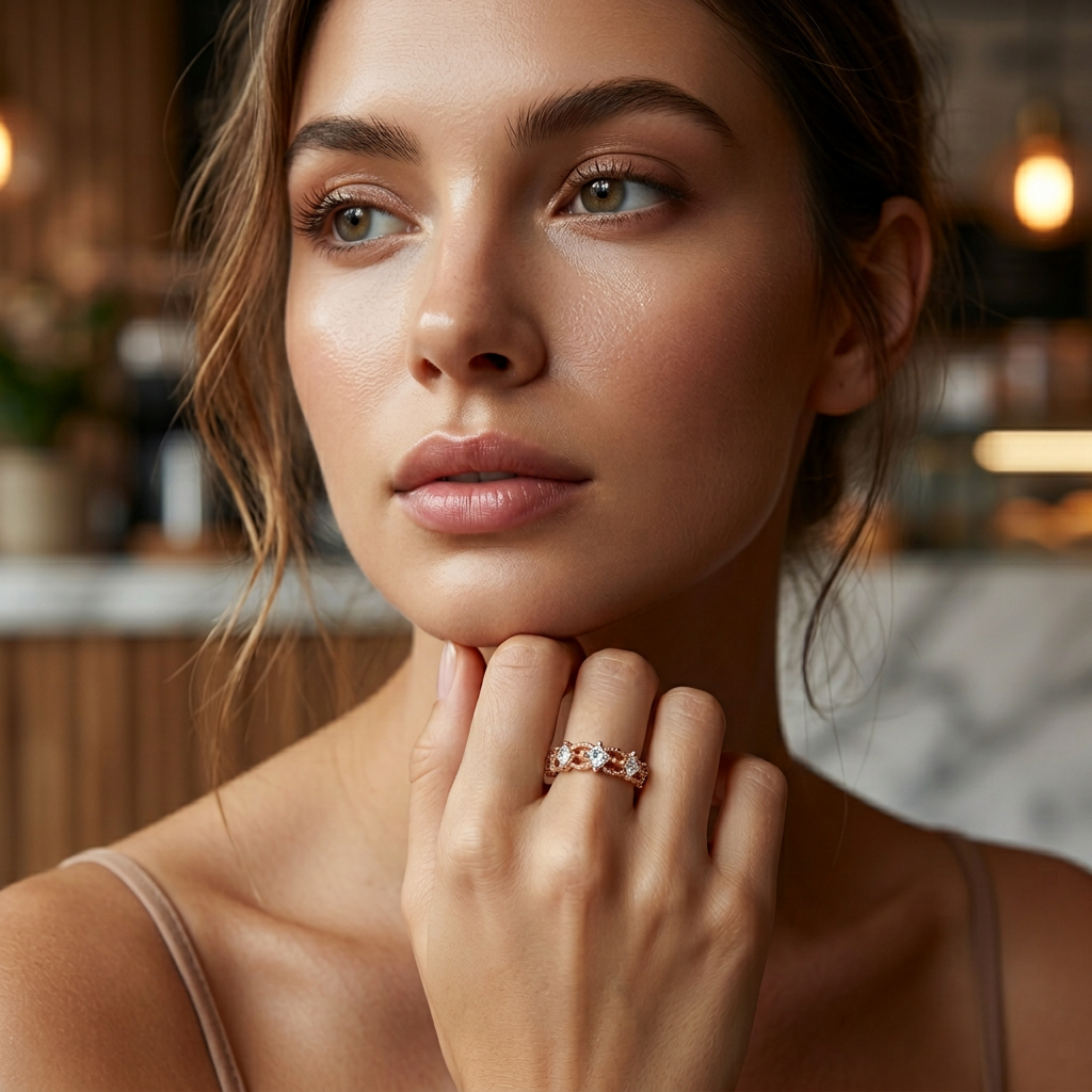 Side profile highlighting the sharp, contemporary geometry and raised architectural borders of a rose gold ring.