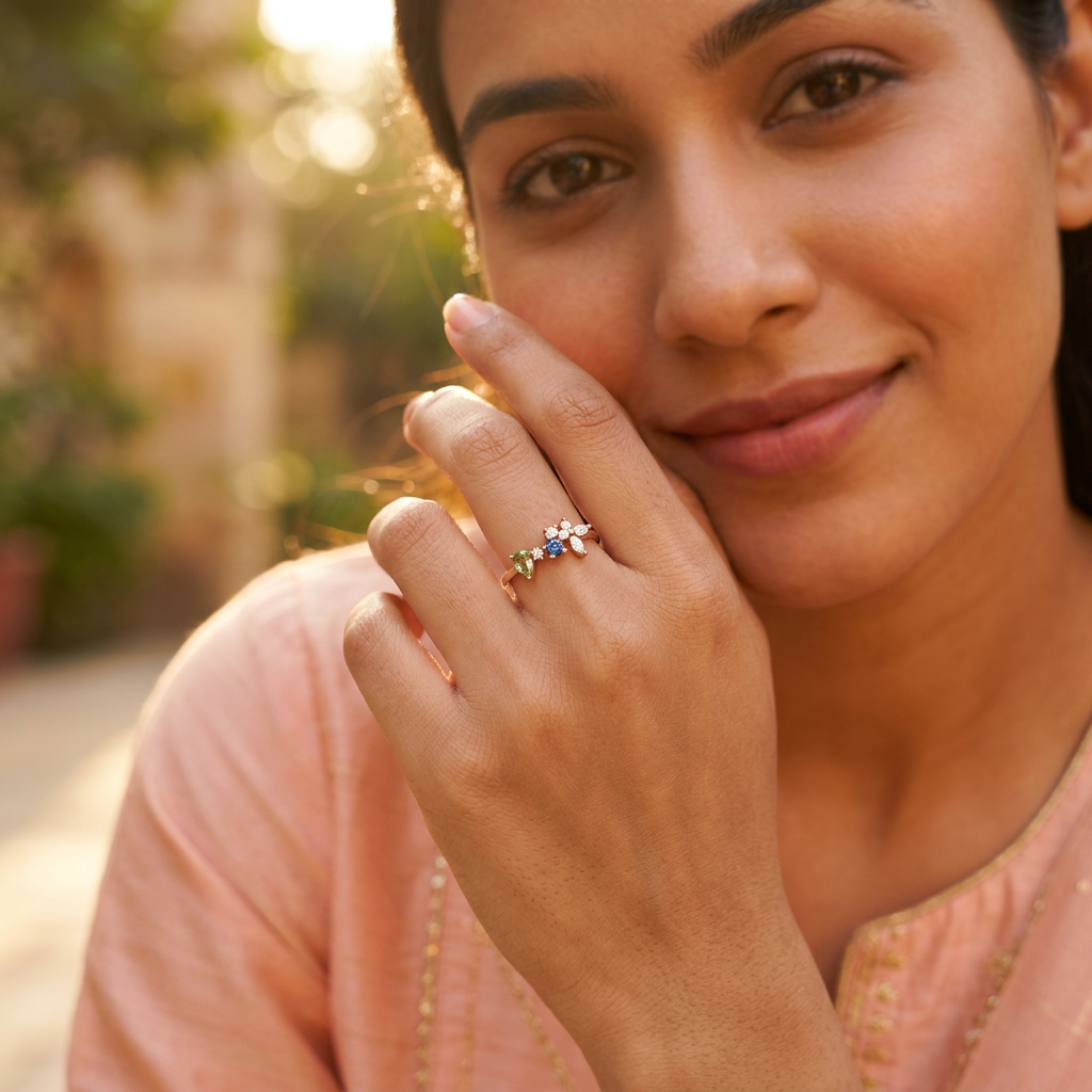 Side view displaying the multi-dimensional layout of aquamarine and blue hued cluster stones on a gold band.