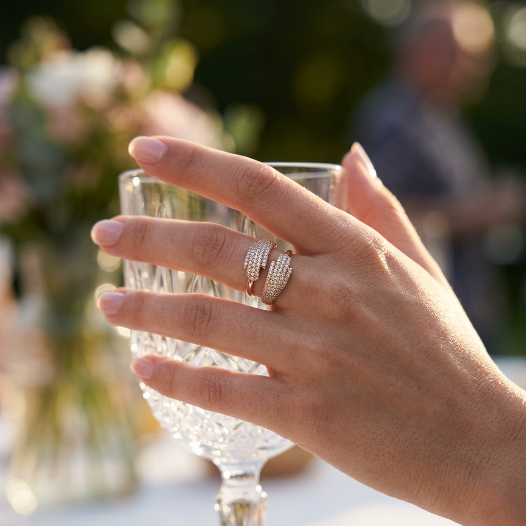 Profile view displaying the curved bypass silhouette and elevated twin hand charms of an open rose gold ring.