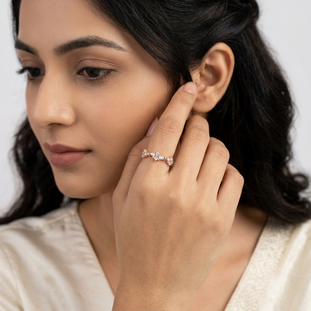 Side view displaying the multi-dimensional layout and organic shape of a diamond rhythmic cluster ring.