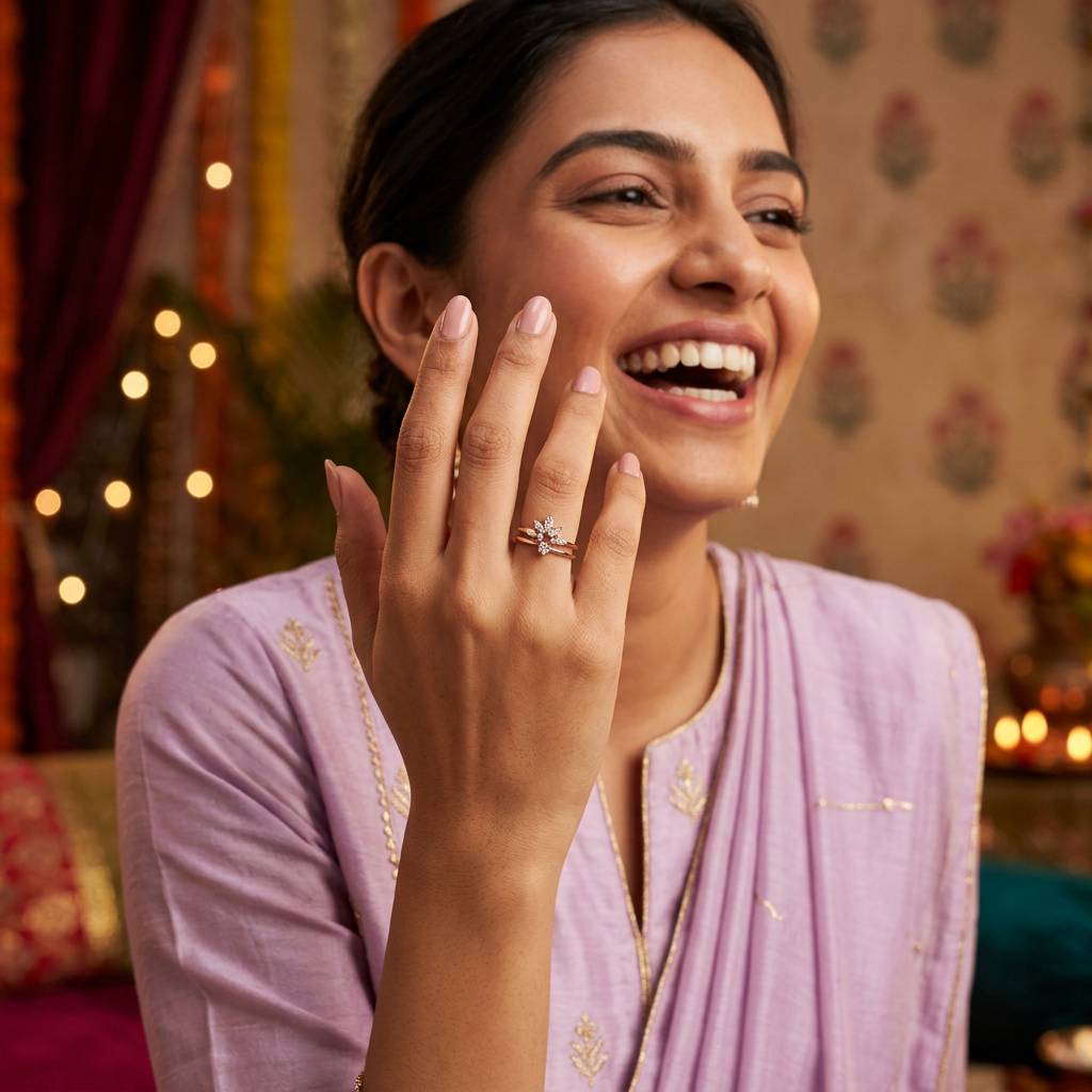 Side profile highlighting the sharp silhouette and light catching tiered arrangement of a gold cluster statement ring.