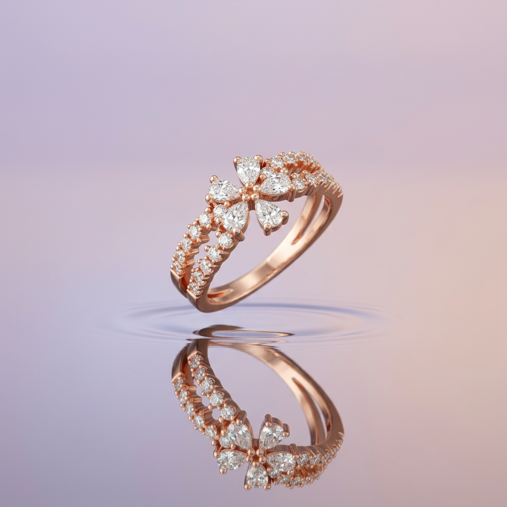 Side profile view displaying the dimensional tiered silhouette and organic curvature of a rose gold floral ring.