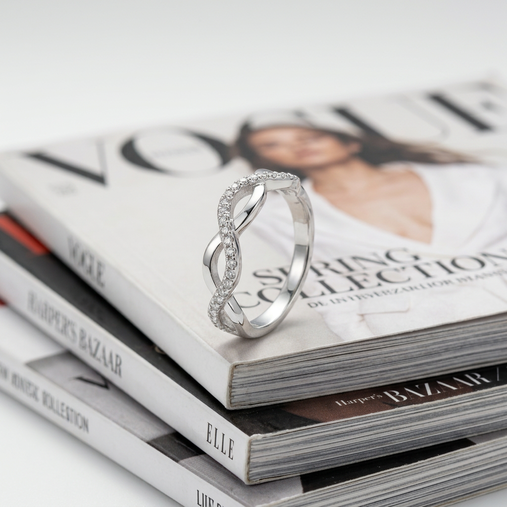 Side profile showcasing the multi-dimensional fluid helix curves of an architectural silver diamond infinity ring.
