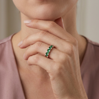 Side view displaying the continuous, repeating textured silhouette of a green marquise emerald stacker ring.