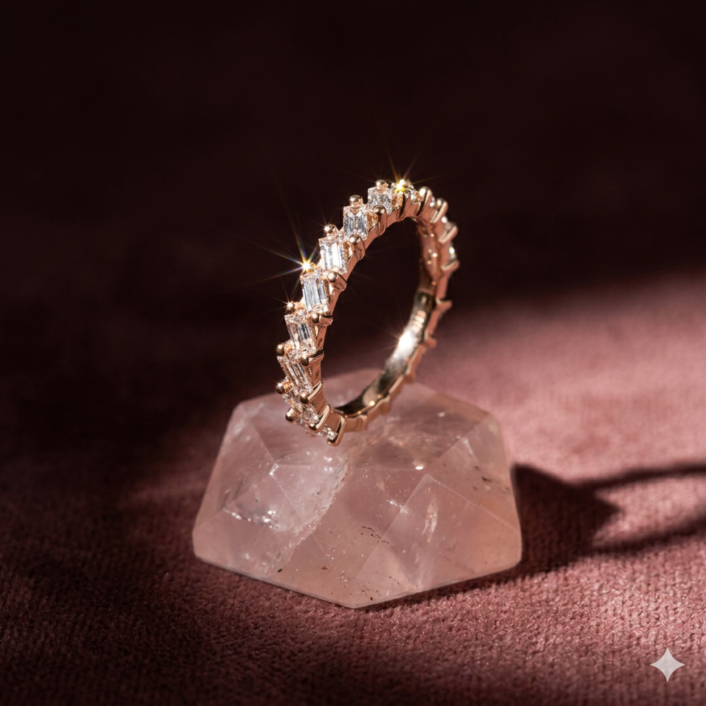 Side angle view displaying the geometric tiered silhouette and high polish finish of a modern rose gold baguette ring.