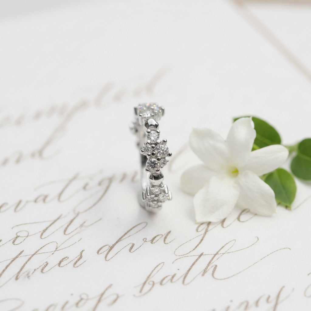 Side profile angle highlighting the dimensional structure and fluid, luminous appeal of a sculptural crystal ring.