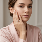 Side profile highlighting the bold dimensional silhouette and textured pavé borders of a rose gold heart band.