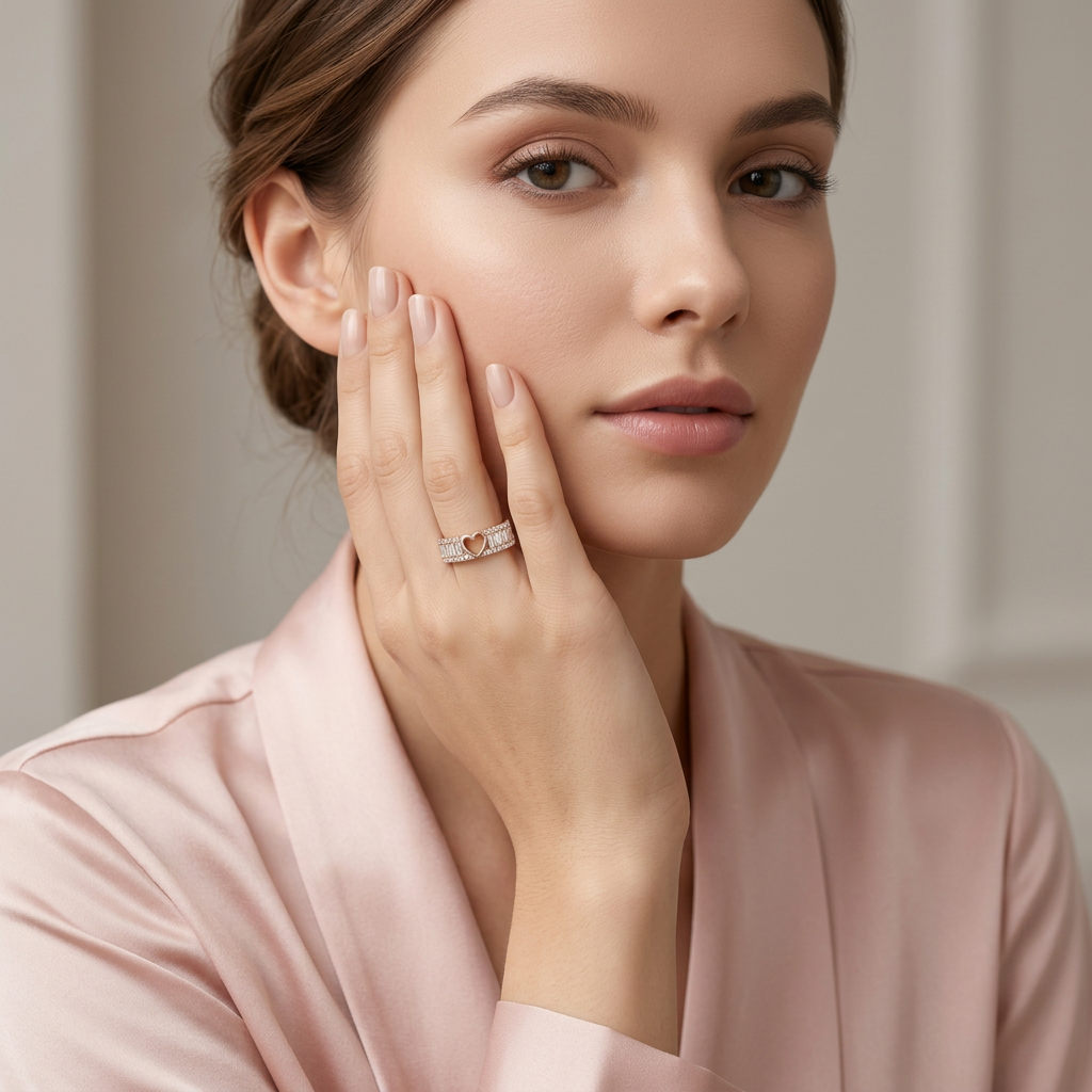 Side profile highlighting the bold dimensional silhouette and textured pavé borders of a rose gold heart band.