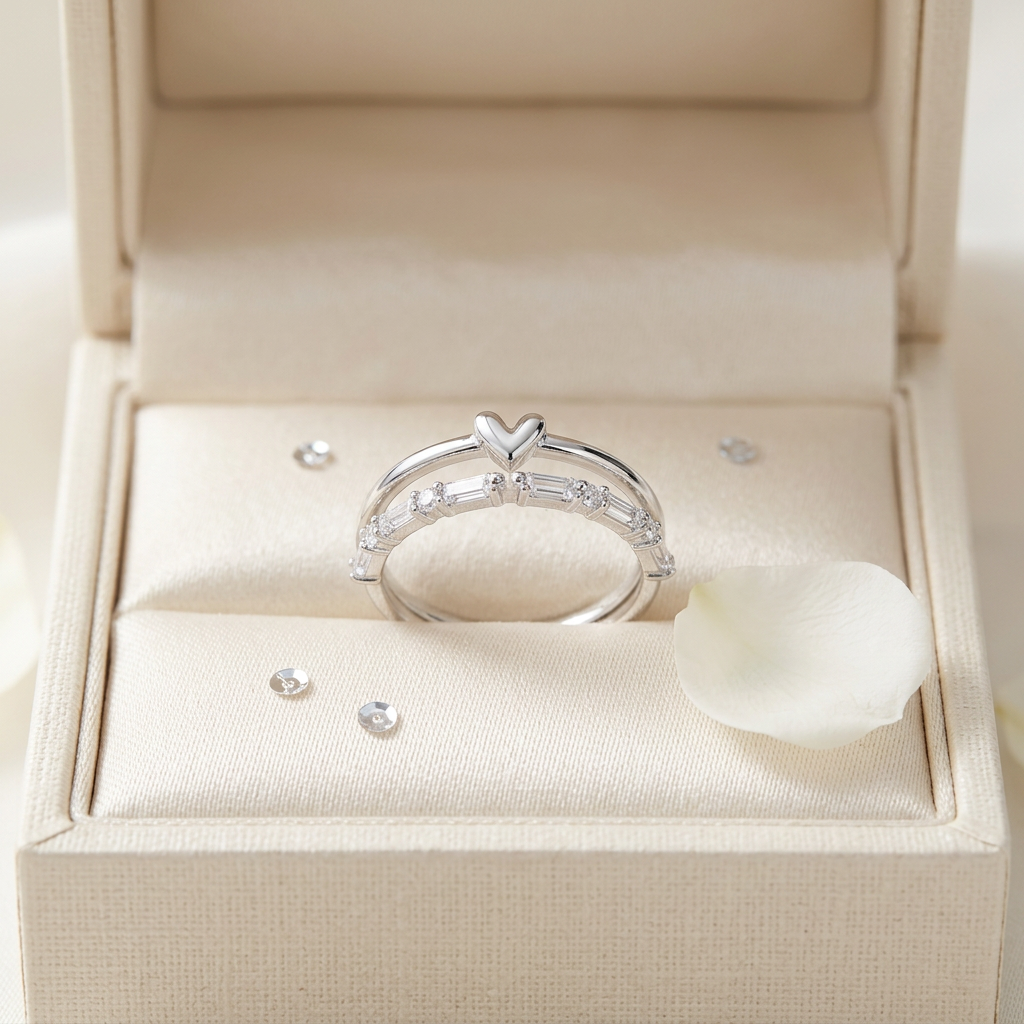 An elegant silver heart ring with crisp geometric stones resting upright inside an open plush designer gift box.