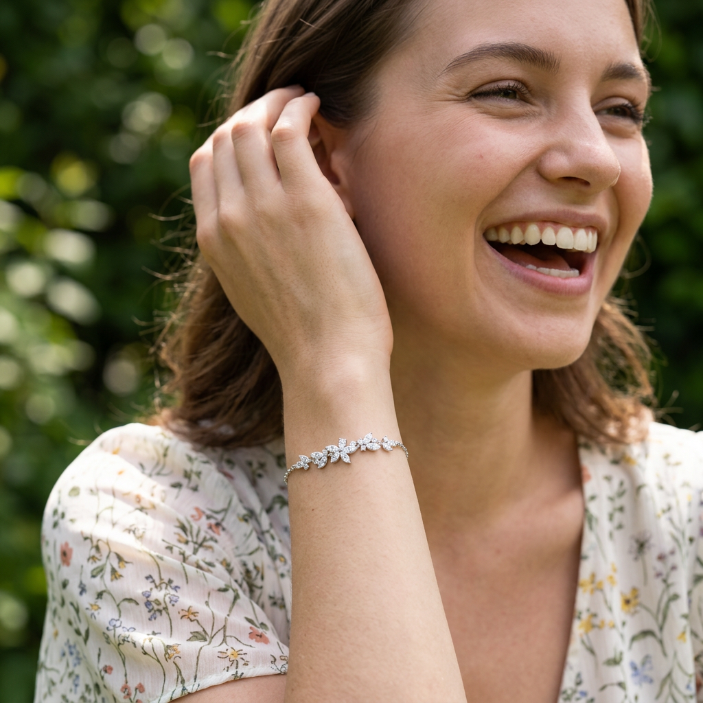 A smiling woman happily wearing the Marquise Vine bracelet, showcasing the organic, light-catching sequence of brilliant-cut lab grown diamonds in an elegant lifestyle setting.
