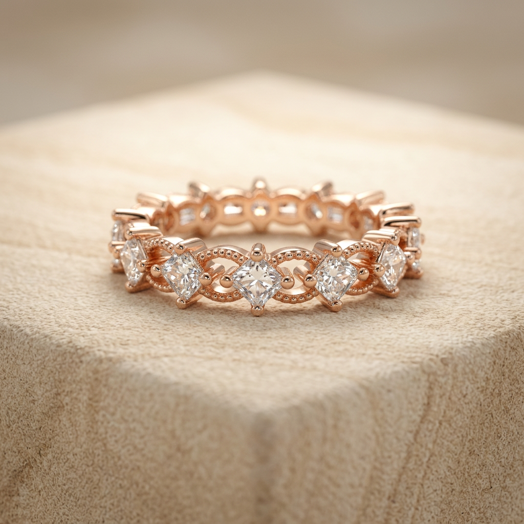 Studio flat lay of a designer rose gold kite diamond stacker ring isolated cleanly on a warm stone surface.