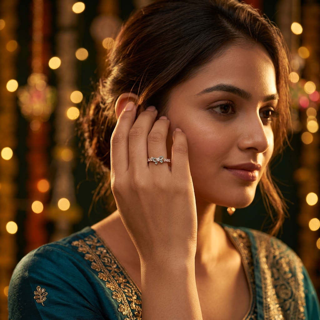 A curated stack of thin yellow gold bands anchored by a central blue gemstone ribbon statement ring.