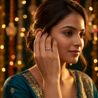 A curated stack of thin yellow gold bands anchored by a central blue gemstone ribbon statement ring.
