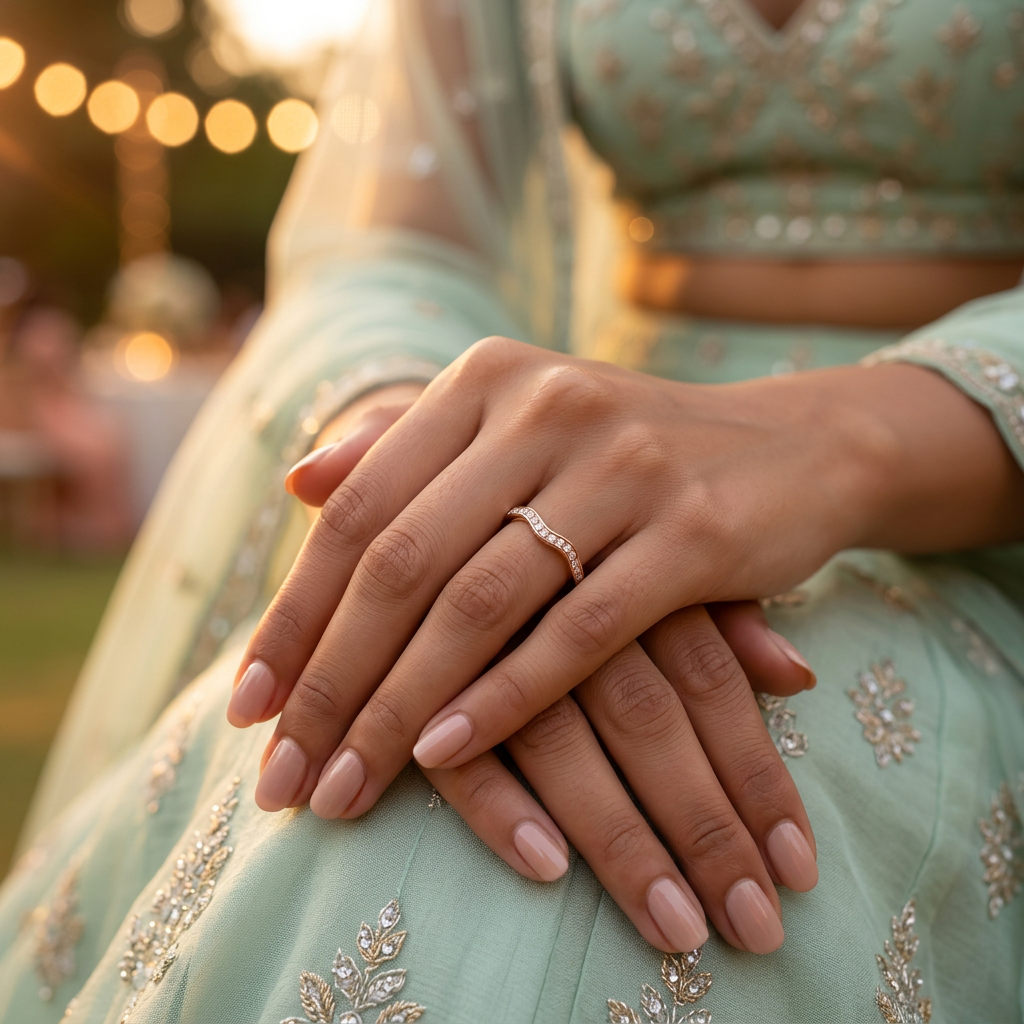 A nested jewelry look showcasing how multiple curved gold wave rings stack perfectly flush with one another.