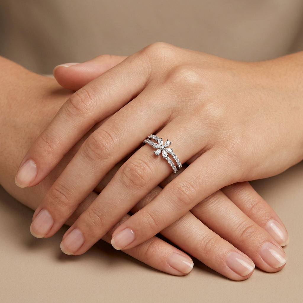 A high-impact jewelry stack centering a large astral starburst ring alongside thin diamond eternity bands.