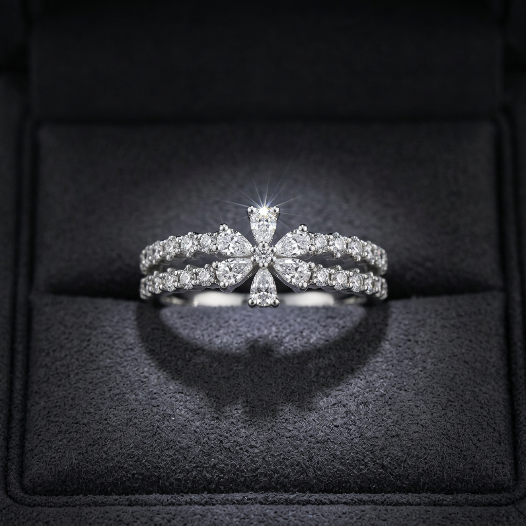 A White gold statement ring designed as a celestial starburst flower cluster with a diamond pavé center.