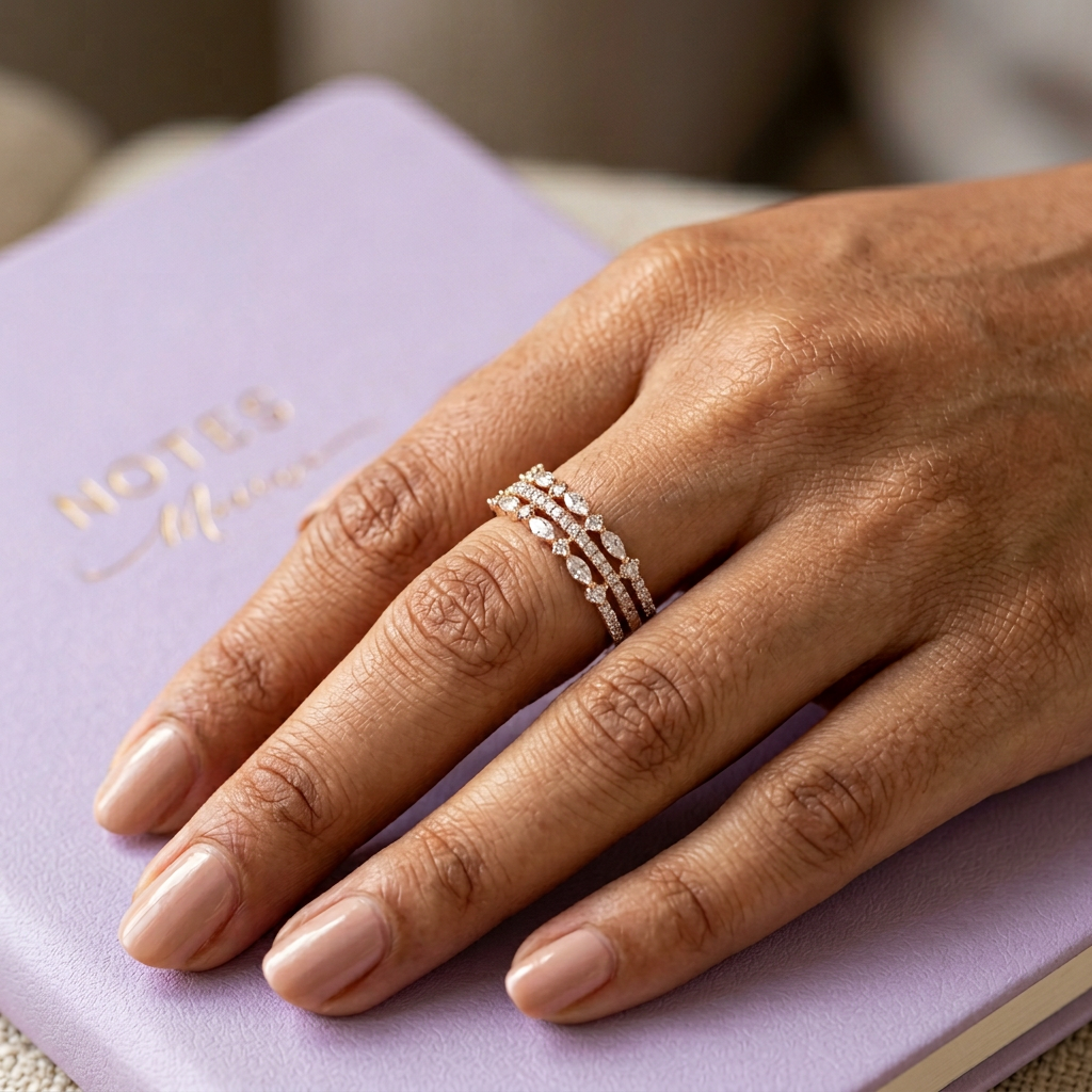 Profile of a modern heirloom rose gold ring displaying its fluid, layered architectural crown shape.