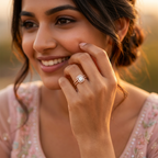 Detail of a textured double beaded band on a rose gold-plated sterling silver halo ring.
