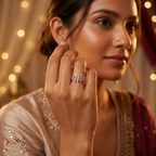 A premium rose gold flora ring inside a modern layered ring stack to create a sophisticated textured contrast.