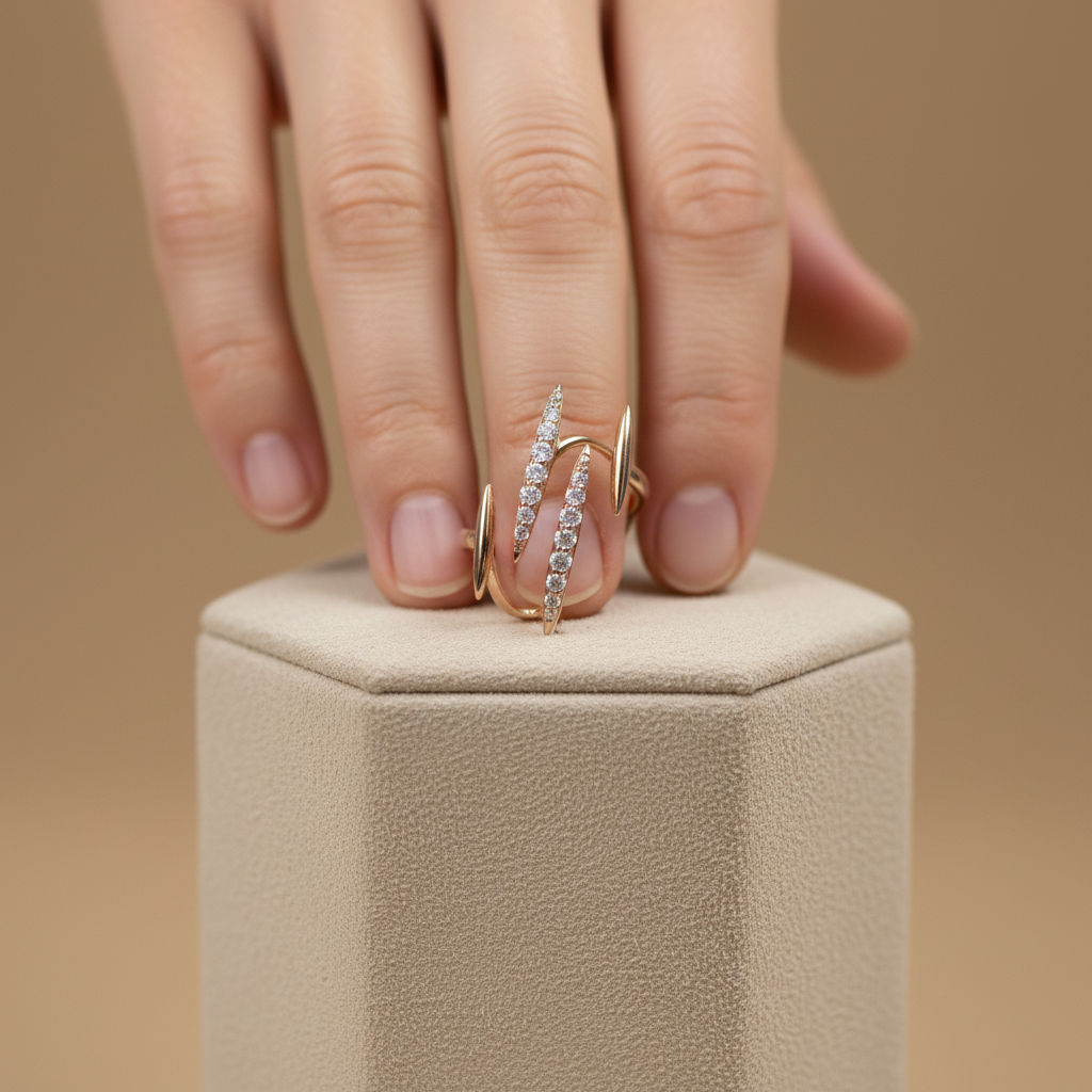 edgy thorn design ring, showcasing the intricate layout of brilliant pave-set lab grown diamonds along its unique geometric profile.