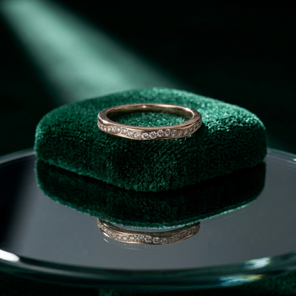 A unique variation of the gold wave ring, featuring a delicate line of pavé diamonds along its crest.