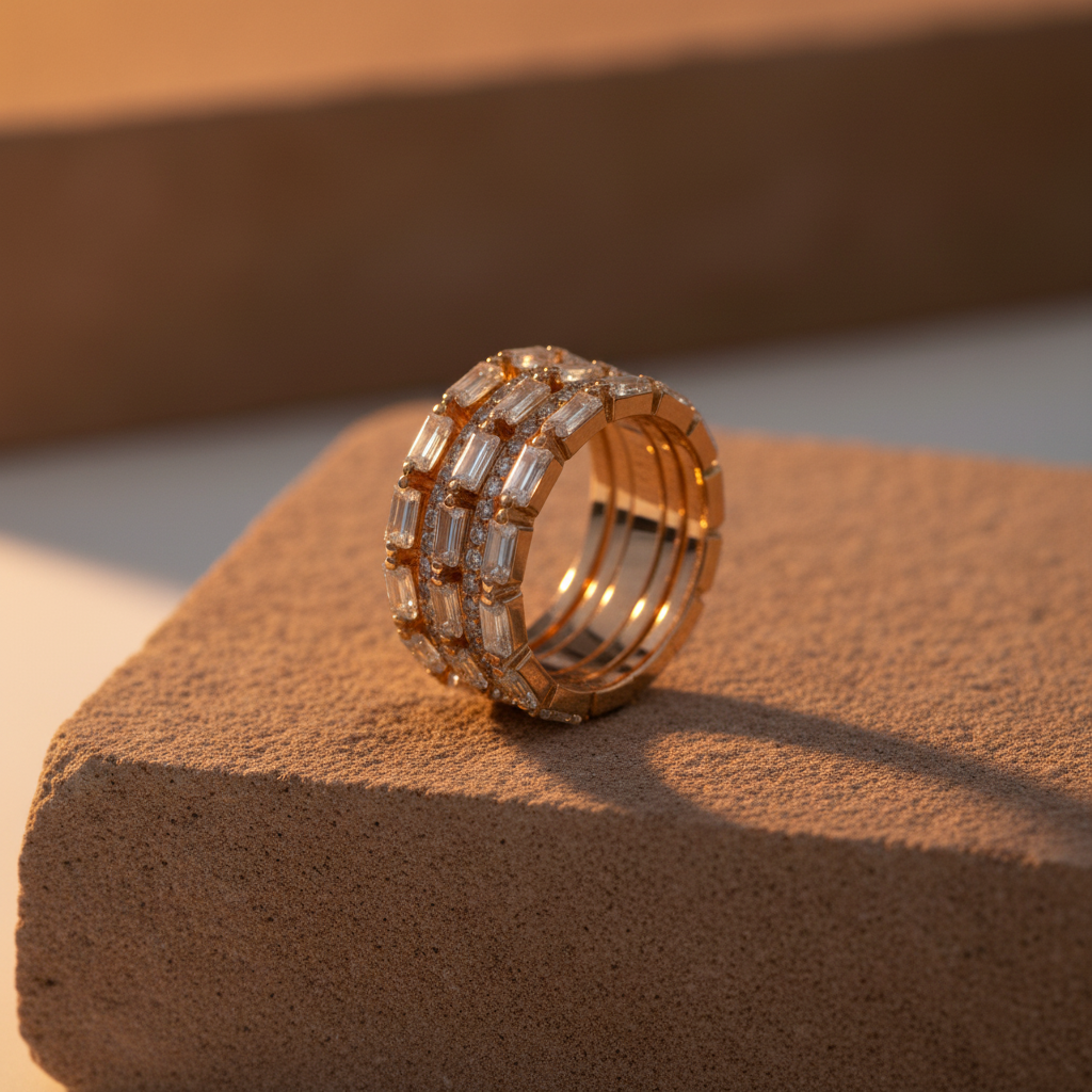 studio angle displaying the exquisite beauty of a tiered statement ring, highlighting the flawless brilliance of precision step-cut and radiant pavé lab grown diamonds.