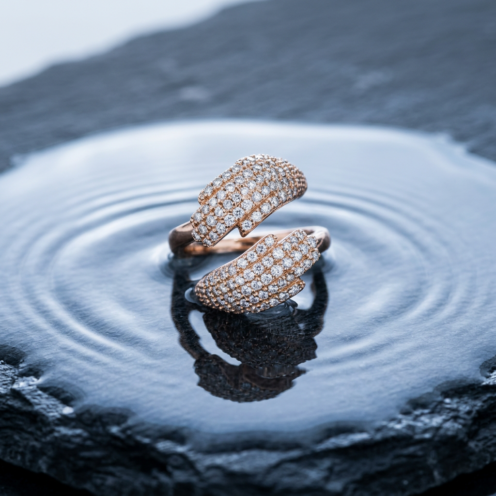 Macro photo focusing on the tiny, shimmering pavé stones set into the hand motifs of an open bypass ring.