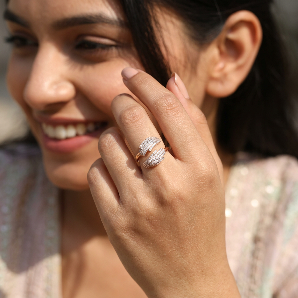 Lifestyle view of a model wearing a unique rose gold open ring designed with intricate twin hand detailing.