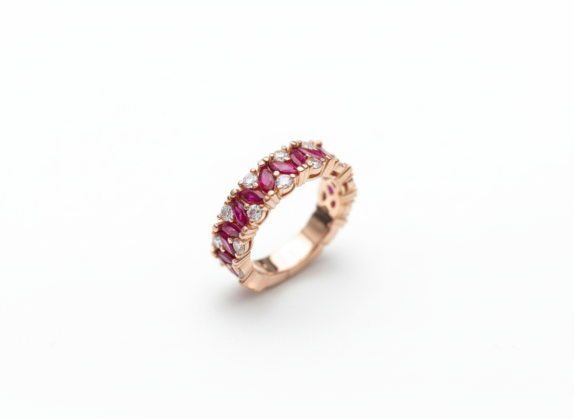 A premium rose gold eternity band set with deep red rubies, presented as a luxury milestone anniversary gift.