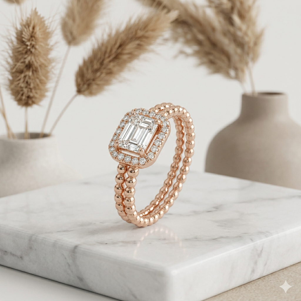 An architectural lab grown diamond emerald cut halo ring featuring a 1.9 carat center stone and a textured double beaded rose gold plated band.