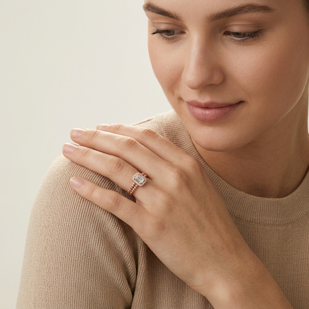 vintage emerald cut ring showing the detailed architectural basket setting and double beaded rose gold shank.